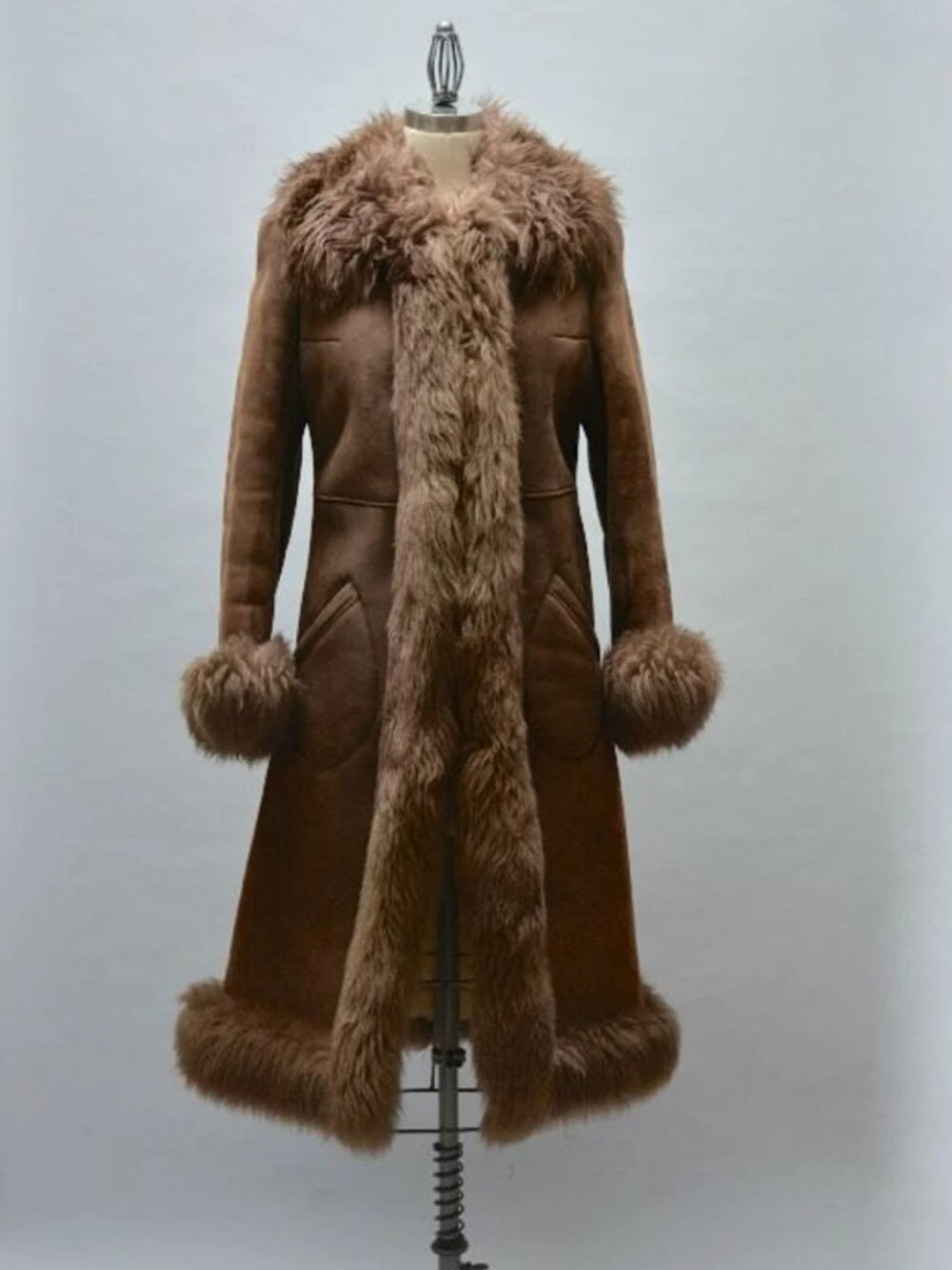 Vintage Brown Shearling Full Length Coat 1970s, 70s